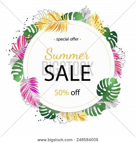 Summer Sale Background With Tropical Palm Leaves And Plumeria Flower. Poster For Print, Party Invita
