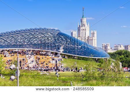 Moscow - June 16, 2018: Modern Amphitheater With A Glass Dome In Zaryadye Park In Moscow, Russia. Za