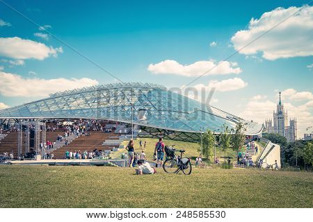 Moscow - June 17, 2018: People Relax By The Modern Amphitheater In Zaryadye Park In Moscow, Russia. 