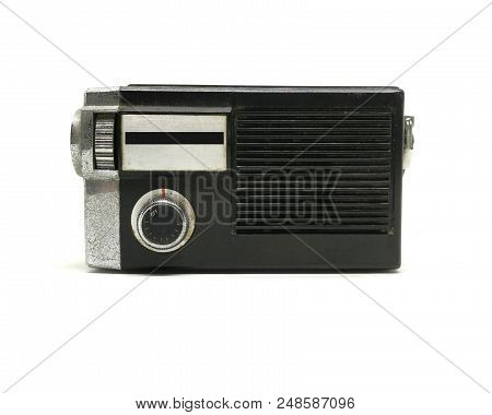 Old Dirty Transistor Radio Isolated On White Background. Classic Radio