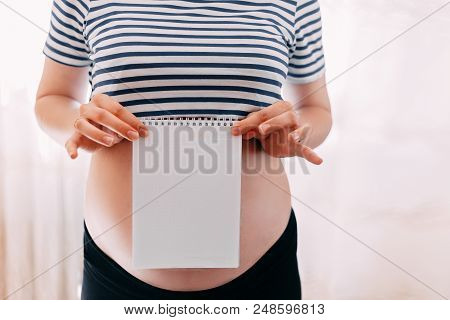 Cheerful Pregnant Woman Making Notes In Jotter, Focuse On Paper, Belly Is Unfocused