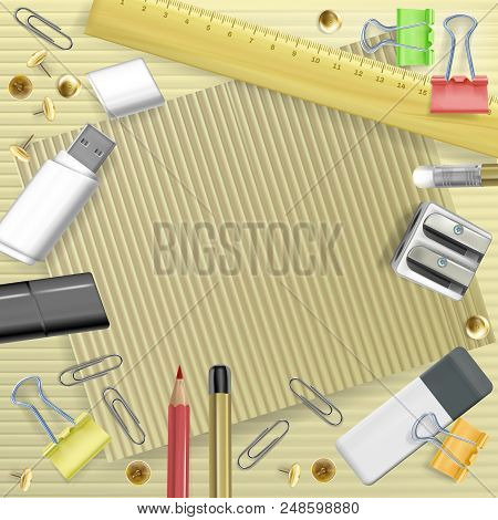 Back To College Vector Illustration Of Stationery For Greeting Card. Template Of School Education Ru