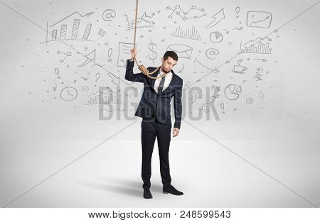 Young burnout businessman with flying documents concept