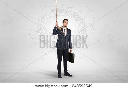 Burnout young elegant businessman trying to suicide with doodle concept