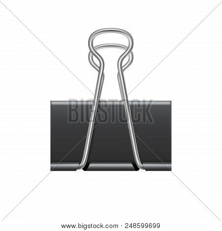 Binder Clip Isolated On White Background. Realistic Black Metallic Paper Clip. Simple Device For Bin