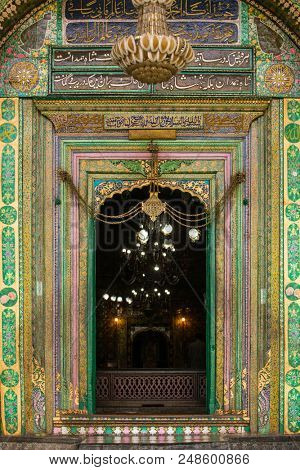 Srinagar, India - June 15, 2017: Entrance to the Khanqah-e-Moula ancient mosque in old town of Srinagar, Jammu and Kashmir, India