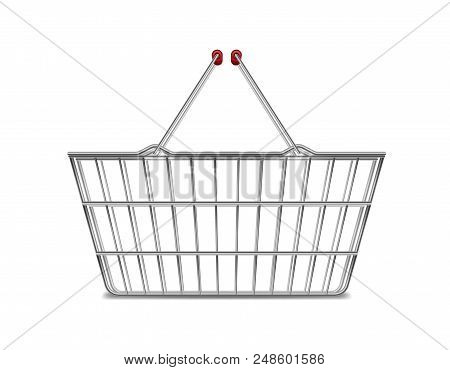 Realistic Metal Empty Supermarket Shopping Basket Side View Isolated On White. Basket Market Cart Fo
