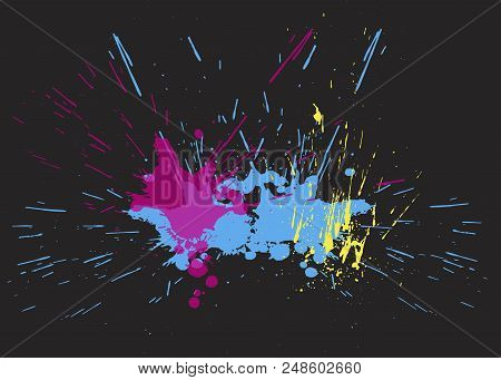 Brigh Paint Spots On A Black Background. Abstract Hand Drawn Backdrop. Vector Illustration. Texture 