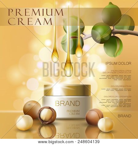 Realistic 3d Macadamia Nut Oil Cosmetic Ad Template. Light Pink Shiny Serum Cream Mockup Beauty Skin