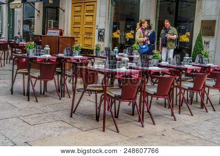 Lisbon - April 01 , 2018 : Cafe Terrace In The Pedestria Area Of The Barrio Alto, Or Upper Town, In 
