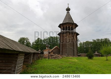 Russia, Saint Petersburg - August 18, 2017: Belfry In The Estate Bogoslovka. A Copy Of The Bell Towe