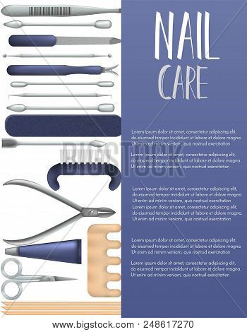 Nail Care Banner, Page With Realistic Manicure Objects. Salon, Shop Advertisement Concept. Template 
