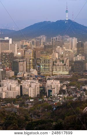 Aerial Sunset and Night view of Seoul Downtown cityscape with Seoul Tower in South Korea
