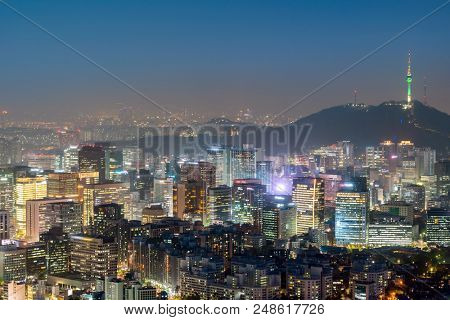 Aerial Sunset and Night view of Seoul Downtown cityscape with Seoul Tower in South Korea