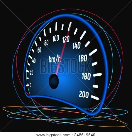 The Speedometer Of The Car. Kilometre Per Hour. Speed Measurement. Vector Illustration. Blue Glow.
