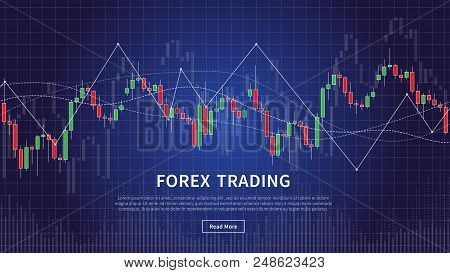 Candlestick chart in forex trade vector illustration on blue background. Forex trading (financial stock market) graphic design concept.