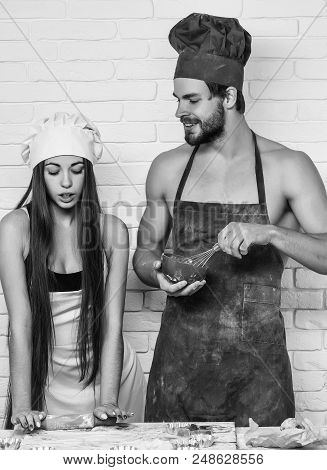 Cook Master Class. Handsome Man Or Muscular Cook, Baker, With Sexy, Muscle Torso, Body, With Biceps,