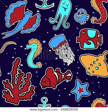 Seamless Background From Sea Animals. A Sea Horse, A Jellyfish, A Stingray, An Octopus, A Parrotfish