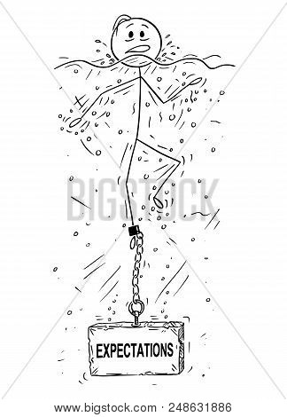 Cartoon Stick Drawing Conceptual Illustration Of Man Or Businessman Drowning With Block Of Stone Or 