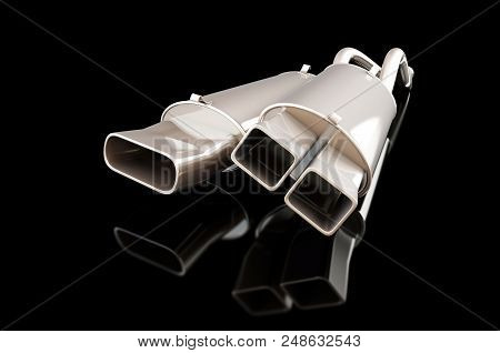 Car Muffler On A Black Background 3d Illustration, 3d Rendering