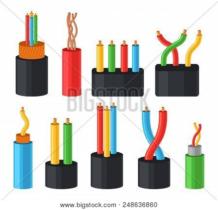 Electrical Cables Set, Multicore Cables In Color Insulation Vector Illustrations Isolated On A White