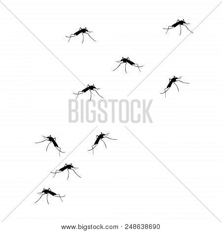 A Flock Of Flying Mosquitoes. Silhouette, Graphic Image. Vector, Isolated On White Background
