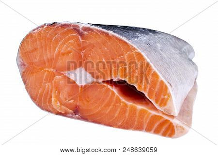Fresh Salmon Steak Isolated On The White Background. Salmon Red Fish Steak. Large Pile Of Salmon Ste