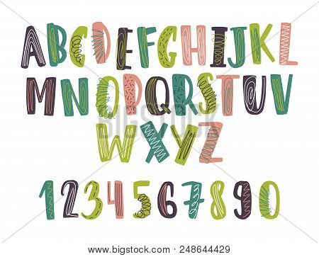 Hand Drawn Latin Font Or Childish English Alphabet Decorated With Daub Or Scribble. Bright Colored L