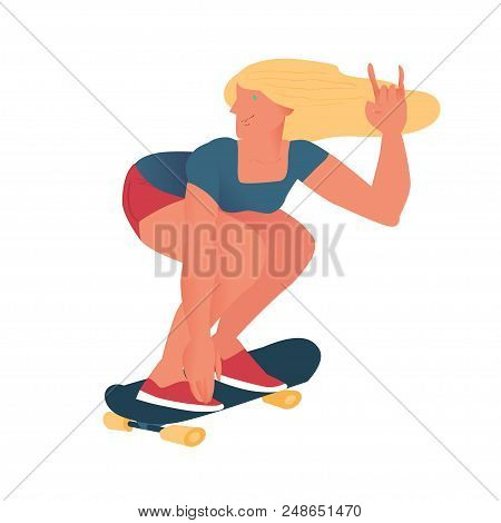 Young Beautyful Girl On Skateboard. Cool Chick Does A Trick With Squat Shes Hand Is Raised Up With G
