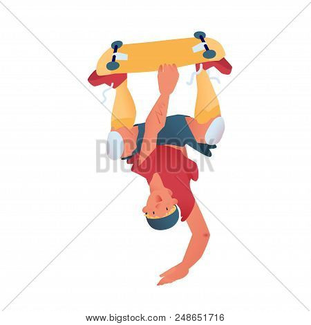 Skateboarder. The Guy Does A Trick With A Skateboard. The Cool Dude Stand On One Hand Upside Down. I