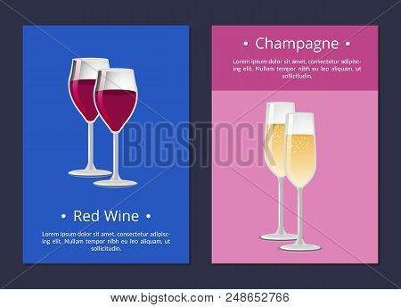 Red Wine And Champagne Glasses Set Of Posters With Alchohol Beverages, Vector Illustration Of Glassw