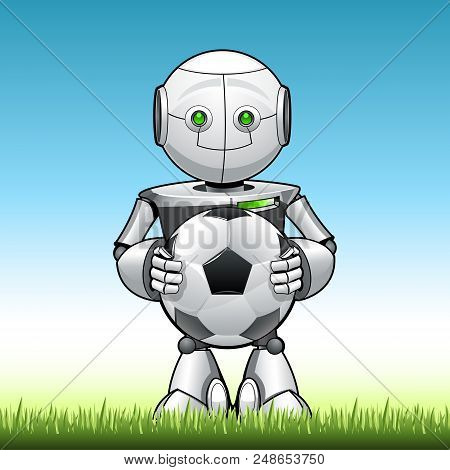 Funny Kid Robot With Soccer Ball In His Hend