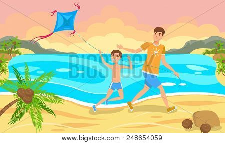 Father And Son Launch A Kite On Beach. Father And Son Are Resting On Beach. Play With Child Outdoors