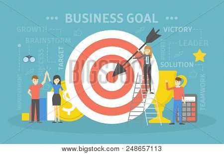 Business Goal Concept. Happy People Standing At The Giant Target With Icons Behind It Such As Goblet