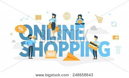 Online Shopping Concept. Buying Goods And Making Payments Online On The Web Sites Using Devices. Mod