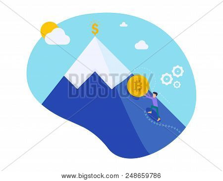 Businessman Pushing Golden Bitcoin Climbing The Hill With Sky Background. Growth Of The Crypto Curre