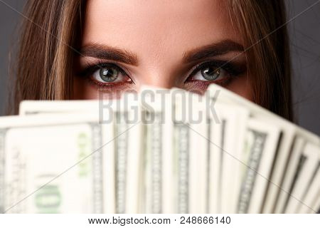 Beautiful European Woman Portrait. Scattering Money Notes Dollars In Fashion Vows Style  Curly Hair 