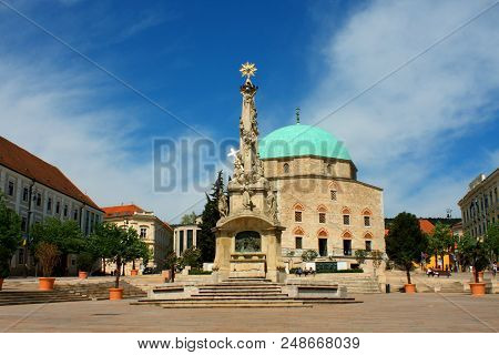 Szechenyi Square In Pecs With Old Mosque In Southern Hungary.