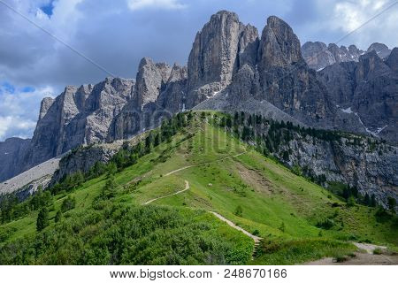 Beautiful Summer Mountain View Of Sella Group On Dolomites