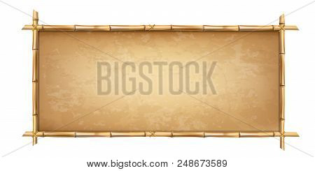 Wooden Frame Made Of Brown Bamboo Stems With Higly Detailed Vintage Paper Blank Or Canvas. Worn Parc