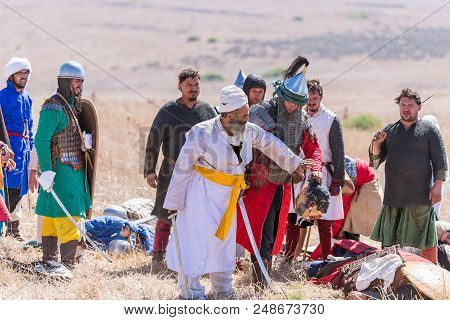 Tiberias, Israel, July 07, 2018 : Reconstruction Of Horns Of Hattin Battle In 1187. Saladin With His