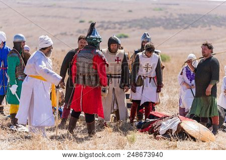 Tiberias, Israel, July 07, 2018 : Reconstruction Of Horns Of Hattin Battle In 1187. Saladin And The 