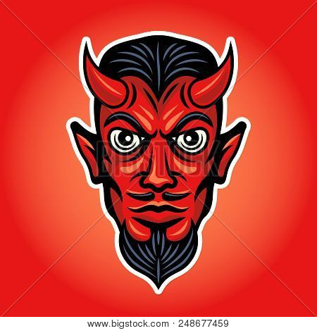 Devil Head Colored Illustration With White Stroke On Bright Gradient Background