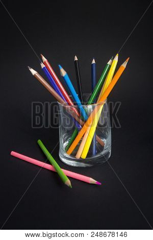 School Supplies On A Red Background, Paints And Brushes