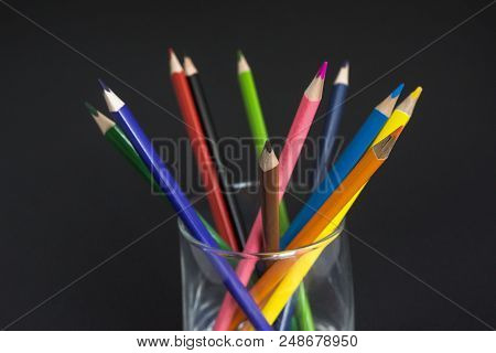 School Supplies On A Red Background, Paints And Brushes