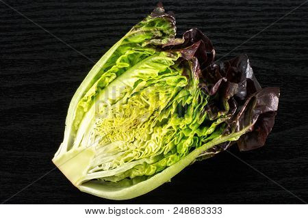 One Half Of Fresh Green Lettuce Red Little Gem Variety Flatlay On Black Wood