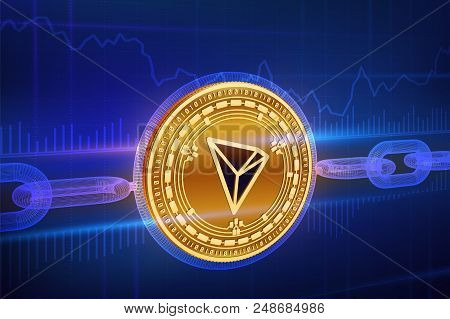 Crypto Currency. Block Chain. Tron. 3d Isometric Physical Golden Tron Coin With Wireframe Chain. Blo