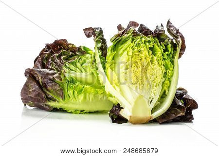 Group Of One Whole One Half Of Fresh Green Lettuce Red Little Gem Variety Isolated On White