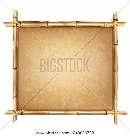 Wooden Frame Made Of Brown Bamboo Sticks With Higly Detailed Vintage Paper Blank Or Canvas. Worn Pap