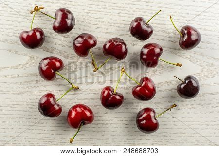 Sweet Bright Red Cherry Flatlay On Grey Wood